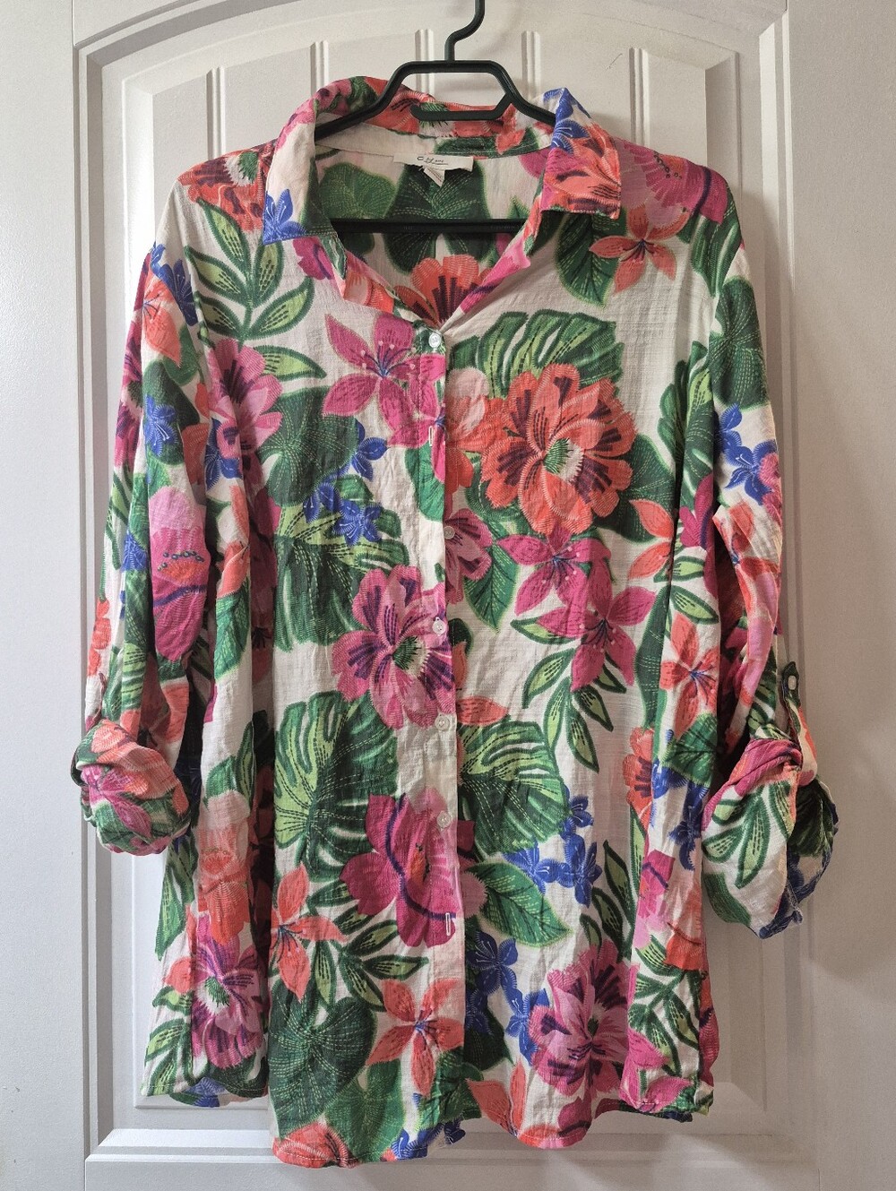 Womens C by One Tropical Floral Button Front Blouse Sz 1X